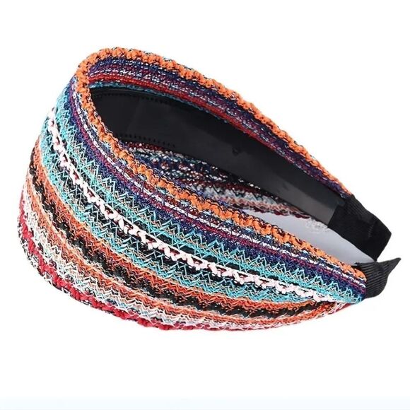 BOHO KNIT CROCHET WIDE BRIM FALL COLORS HEADBAND Turquoise red orange - Picture 7 of 8